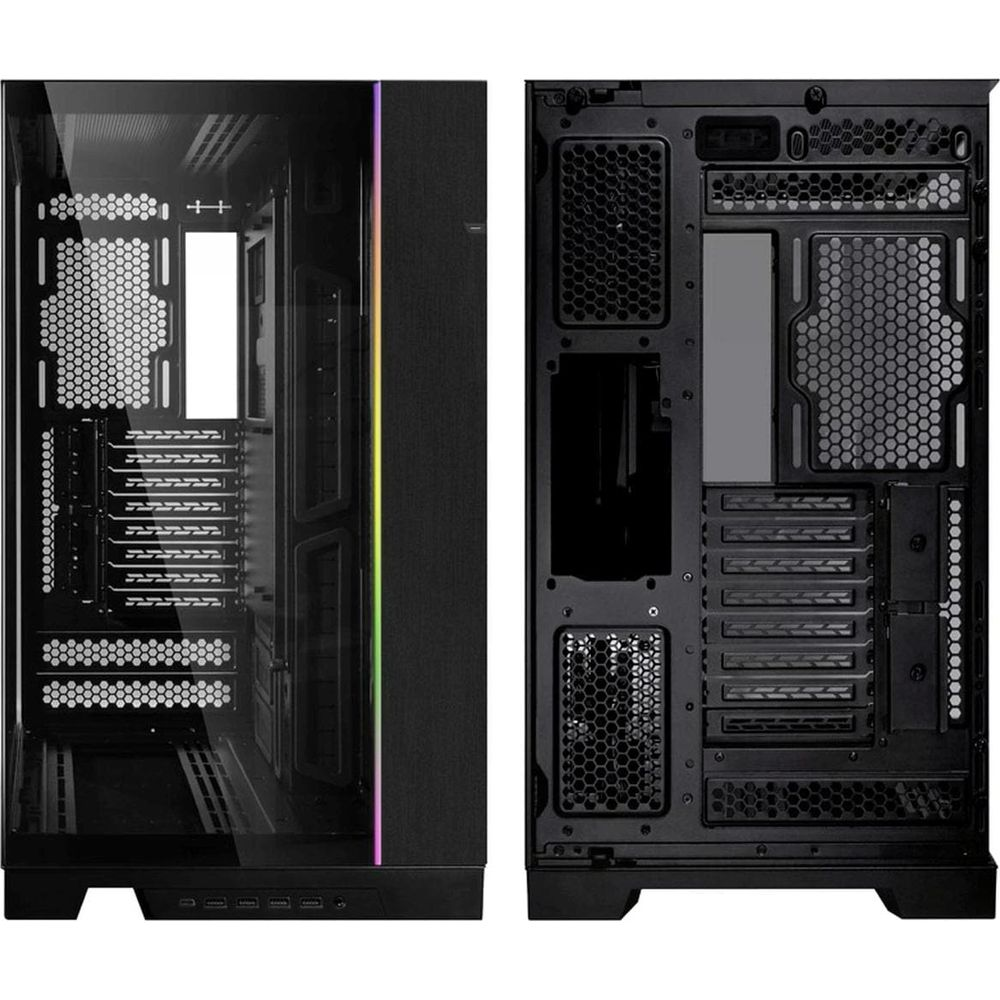 Case PC nero con frontale in vetro e striscia RGB, retro mostra porte e supporti.