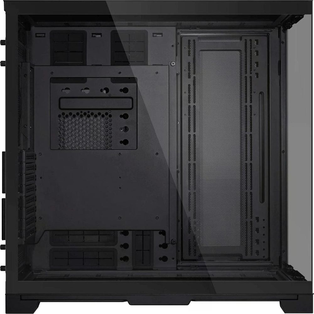 Vista interna di un case PC nero con pannello frontale in vetro e gestione cavi.