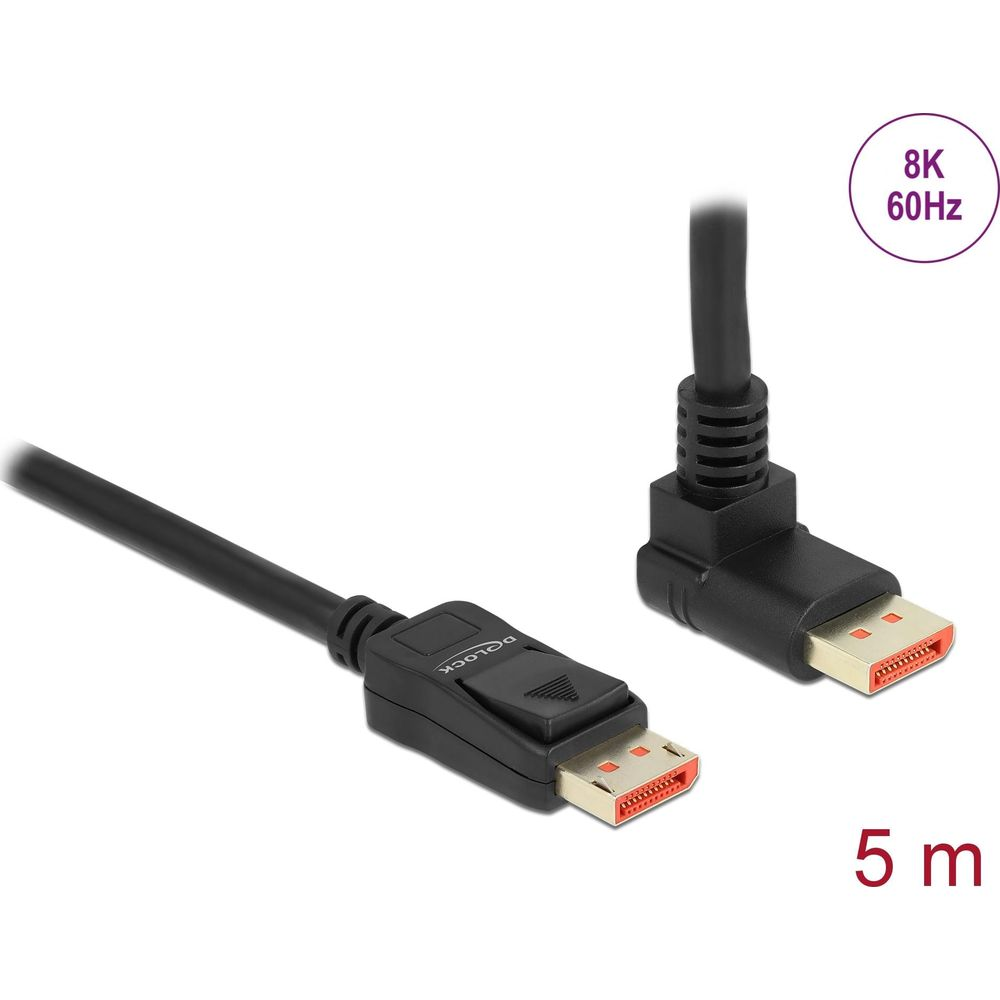 Ein schwarzes 5m DisplayPort-Kabel mit 90-Grad-Winkelstecker.