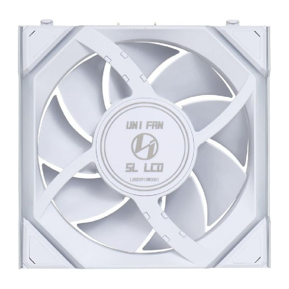 A white computer fan with six blades and a central hub.