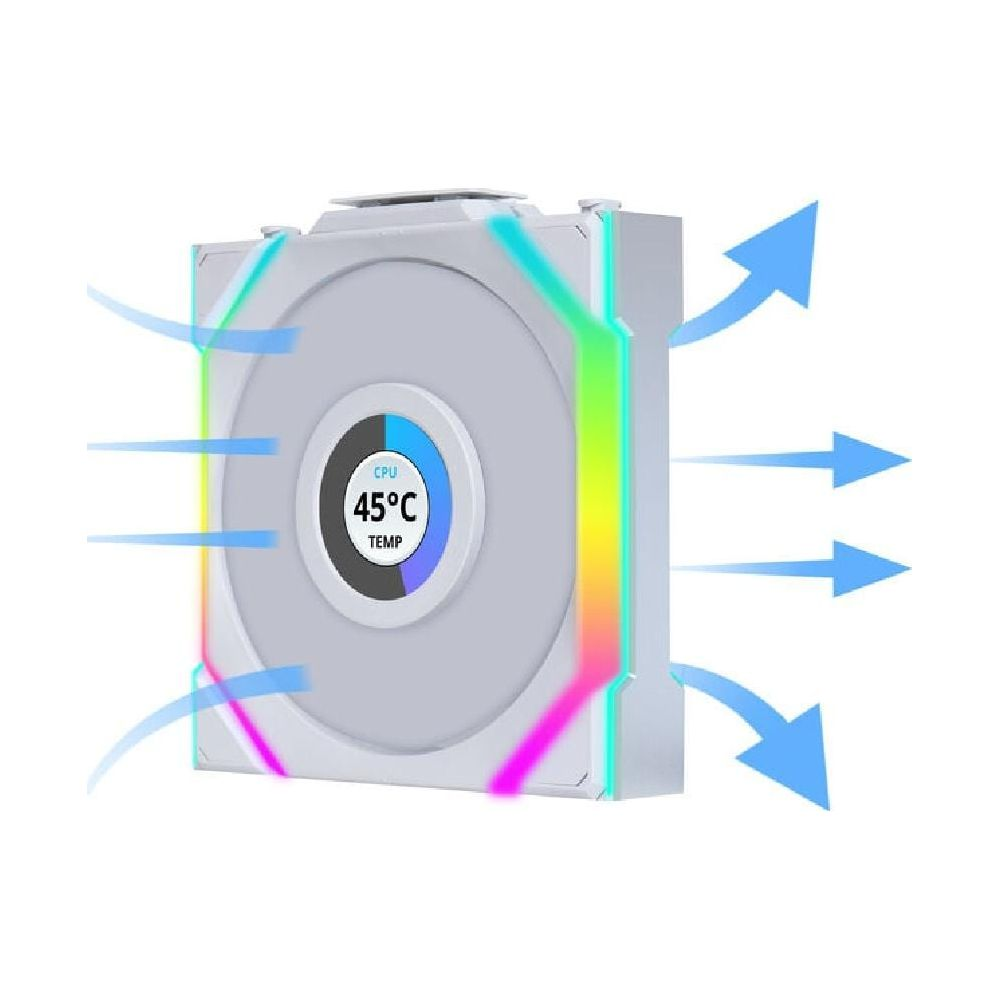 A white CPU cooler with RGB lighting and blue arrows indicating airflow.