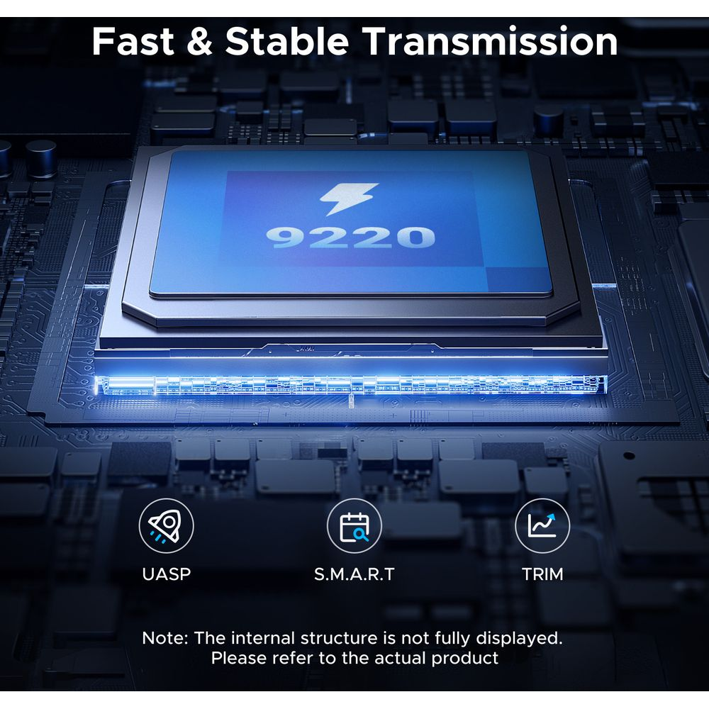 Układ scalony komputera z numerem 9220, otoczony płytkami drukowanymi i ikonami UASP, S.M.A.R.T. i TRIM.