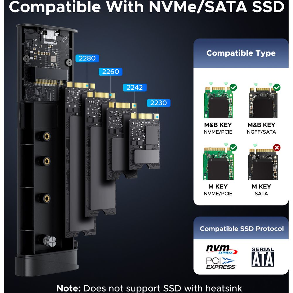 Kompatybilny z dyskami SSD NVMe/SATA: różne rozmiary i typy.