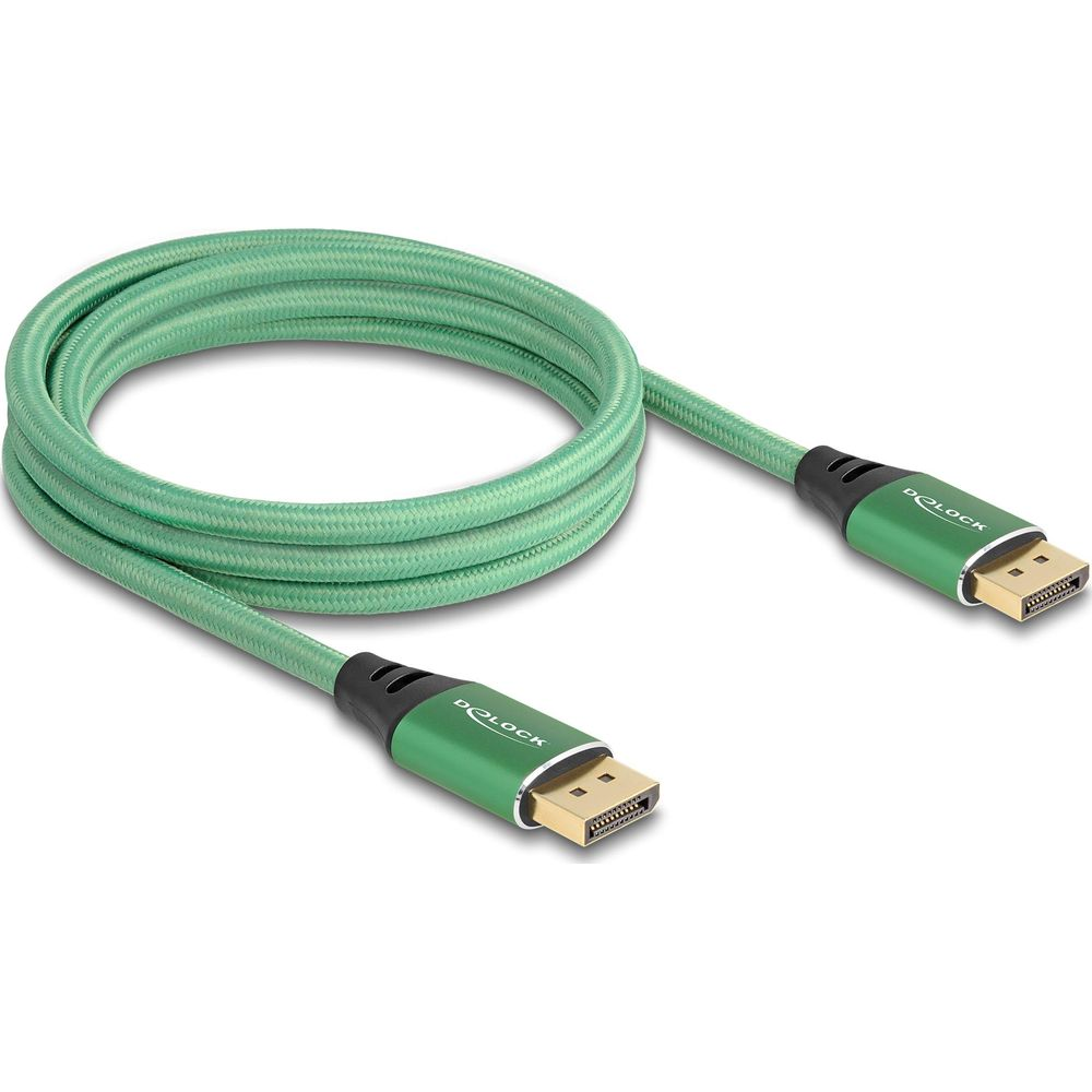Grünes DisplayPort-Kabel mit schwarzen Anschlüssen und silbernen Kontakten.
