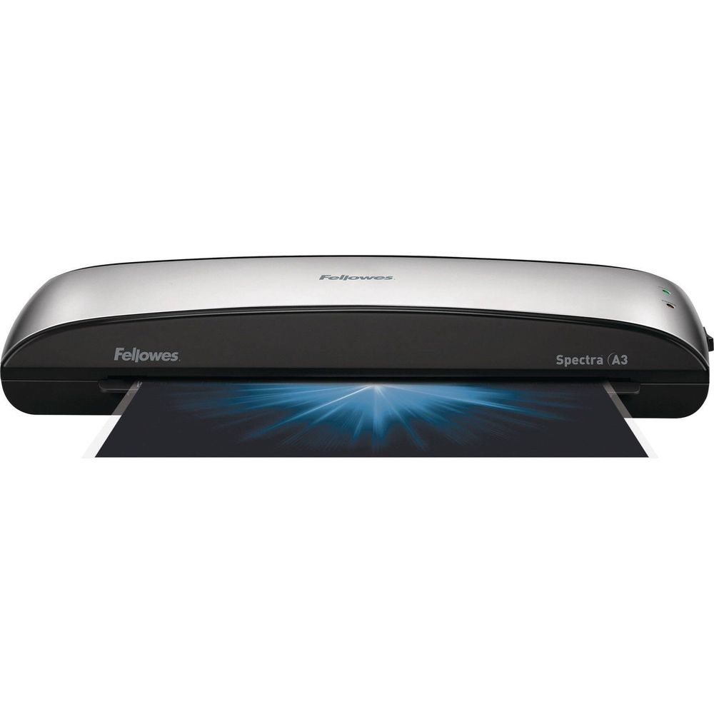 Plastifieuse Fellowes Spectra A3 argentée et noire, avec une feuille.