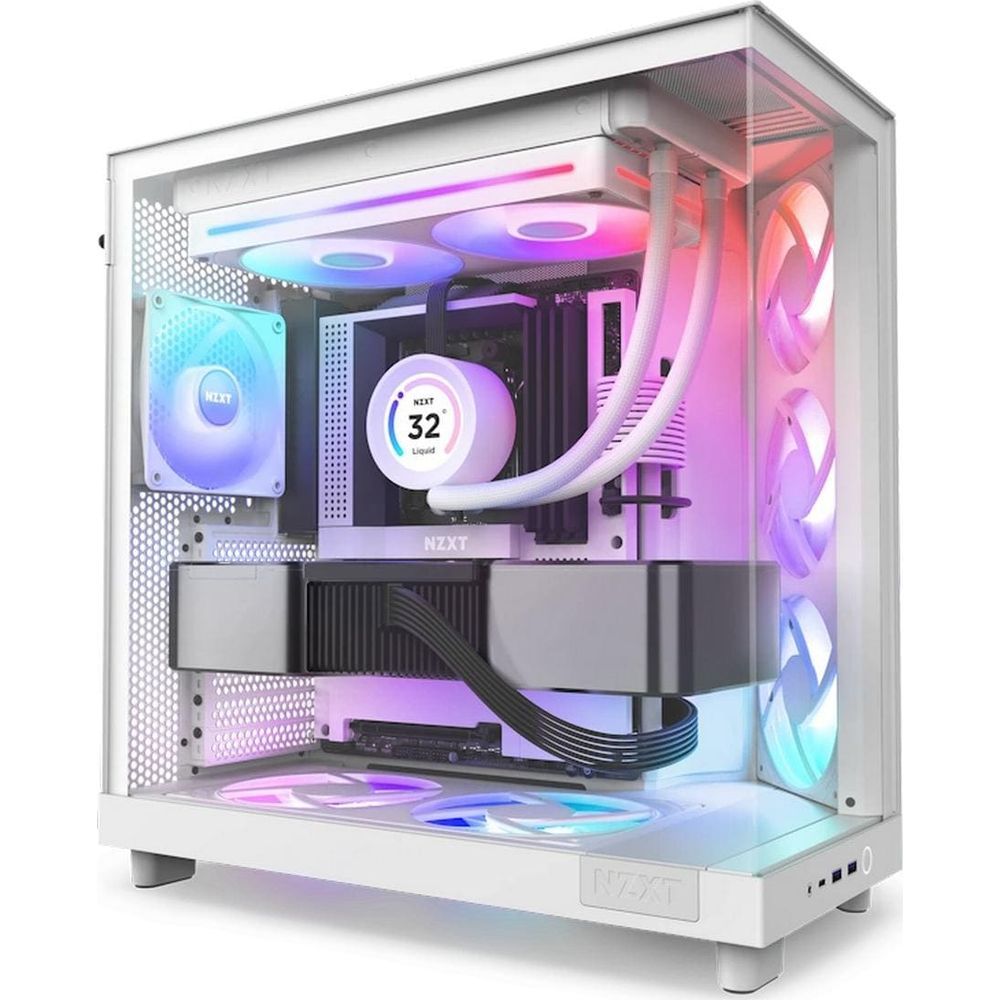A white PC tower with RGB fans and liquid cooling system.