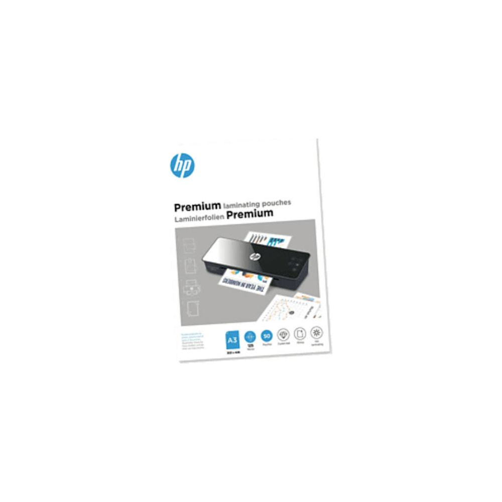 Logo HP, laminarka i zalaminowane dokumenty na opakowaniu.