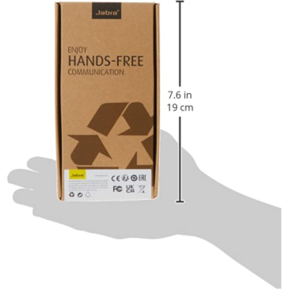 Scatola Jabra con testo "Enjoy Hands-Free Communication" e simbolo di riciclo.