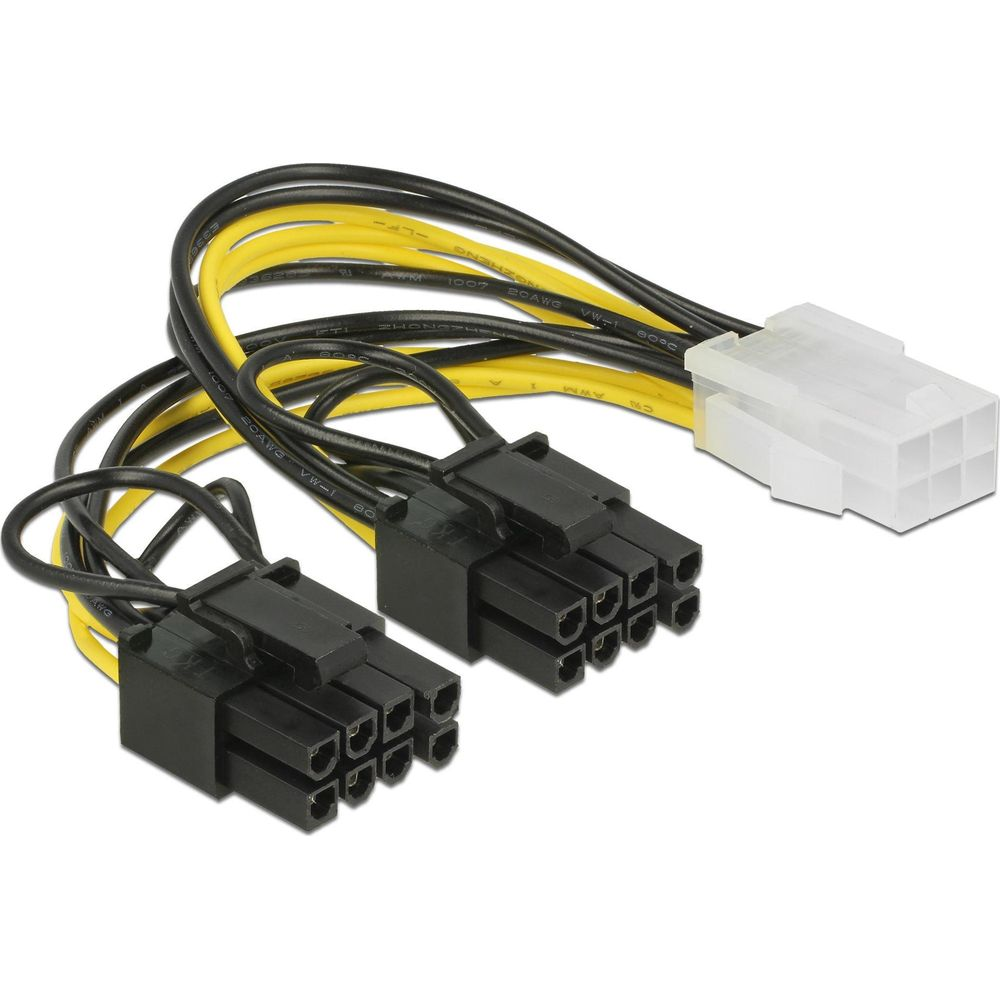 Due adattatori per cavo di alimentazione PCIe neri a 6 pin con fili gialli e neri.
