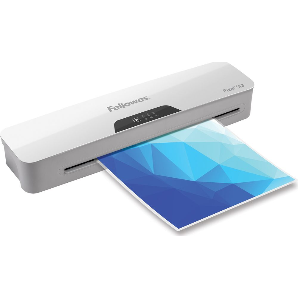Weiße Fellowes Pixel A3 Laminiergerät mit bedrucktem Papier, das teilweise eingeführt wird.