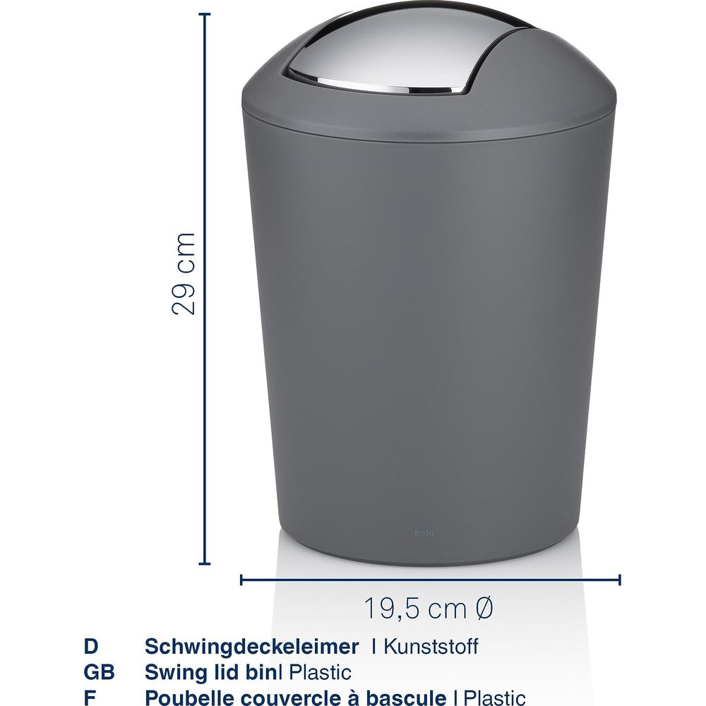 Grauer Mülleimer mit Schwingdeckel, Kunststoff, 29cm hoch, 19,5cm Durchmesser.