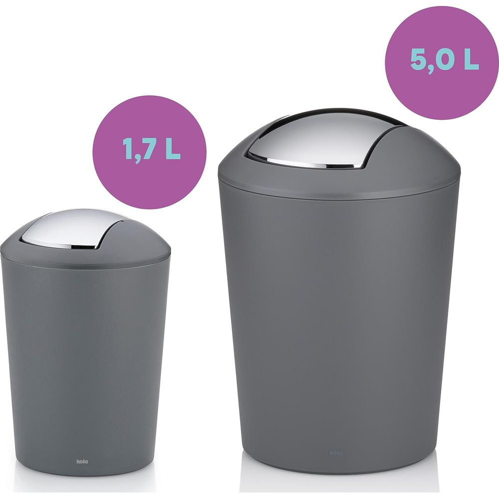 Zwei graue Mülleimer mit silbernen Klappdeckeln, 1,7 L und 5,0 L.