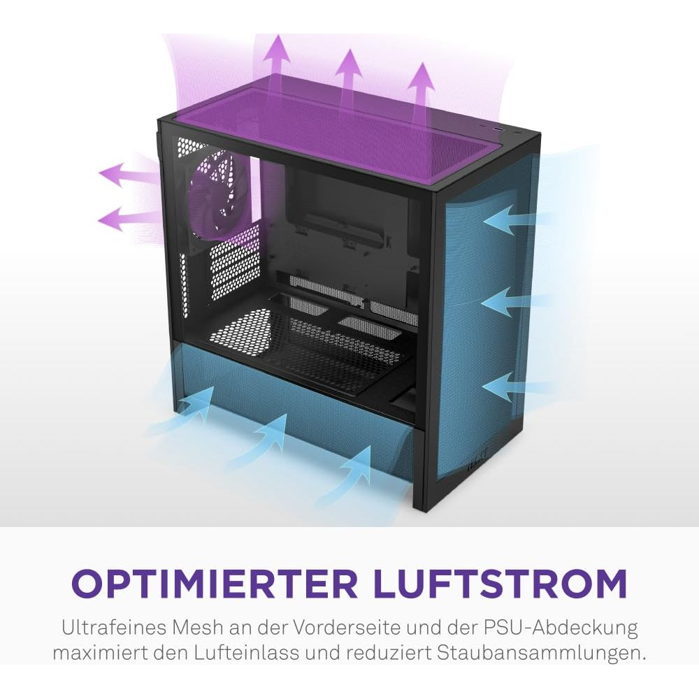 Un case PC con visualizzazione del flusso d'aria. Frecce blu indicano ingresso, viola uscita.