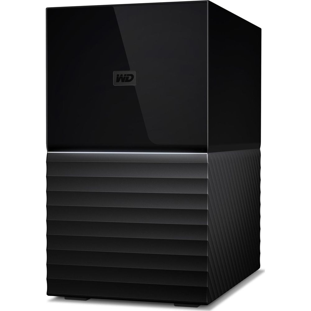 Una caja de disco duro externa WD negra con diseño acanalado y liso.