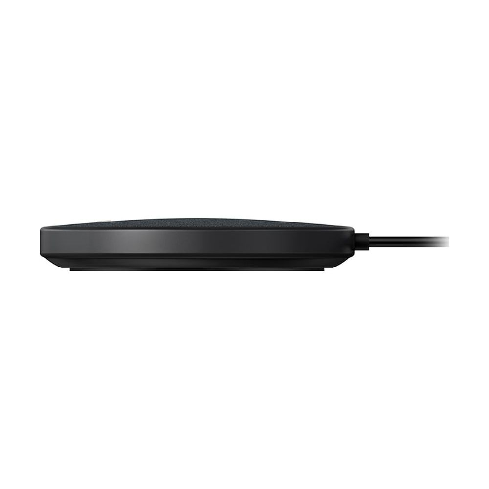 Dispositivo nero, piatto e rotondo con connessione via cavo, visto di lato.