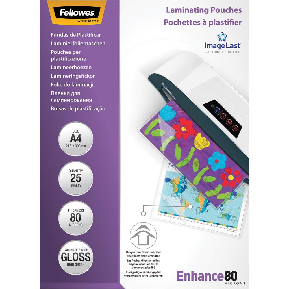 Fellowes A4 Laminierfolien, 25 Stück, 80 Mikron, glänzend.