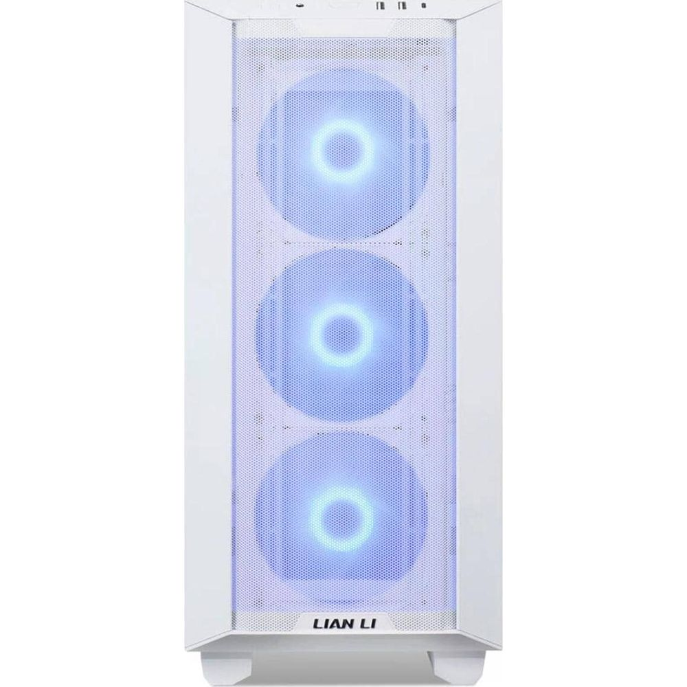 Lian Li logolu, üç aydınlatmalı fanı olan beyaz PC kasası.