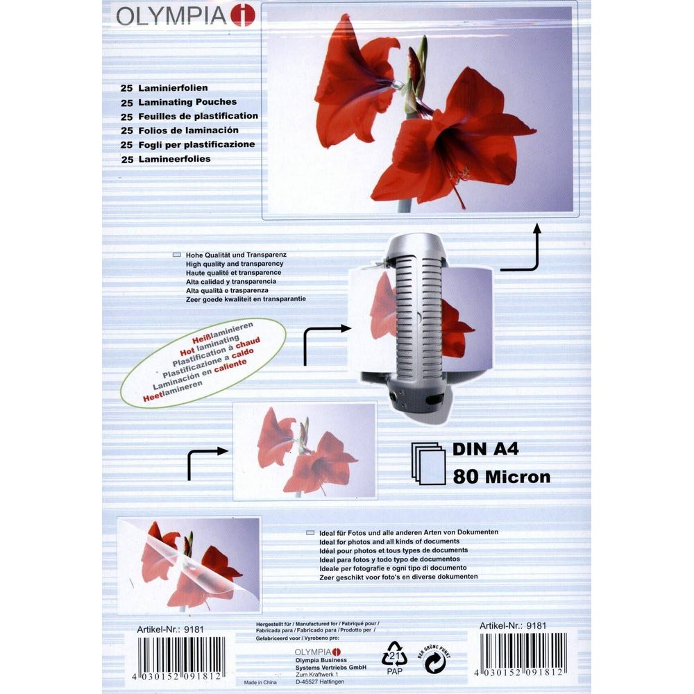 Olympia Laminierfolien: Rote Blumen, Heißlaminiergerät, DIN A4, 80 Micron.