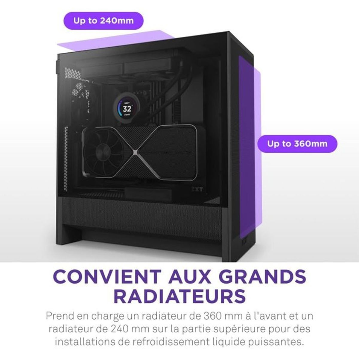 Obudowa PC z miejscem na przednie radiatory 360 mm i górne 240 mm.