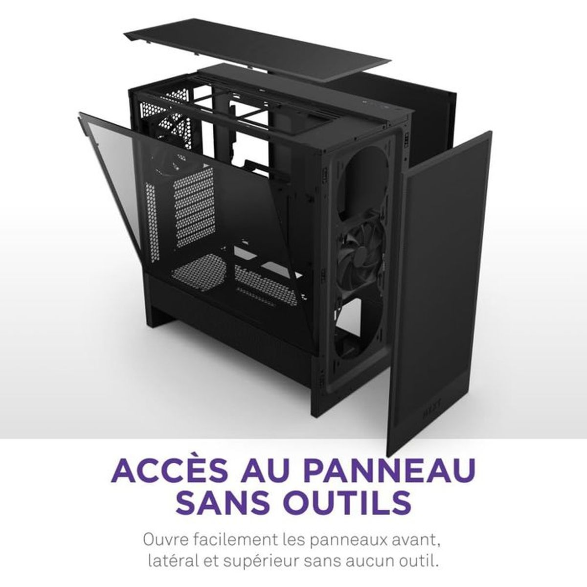 Czarna obudowa komputera z otwartymi panelami bocznymi, górnym i przednim.