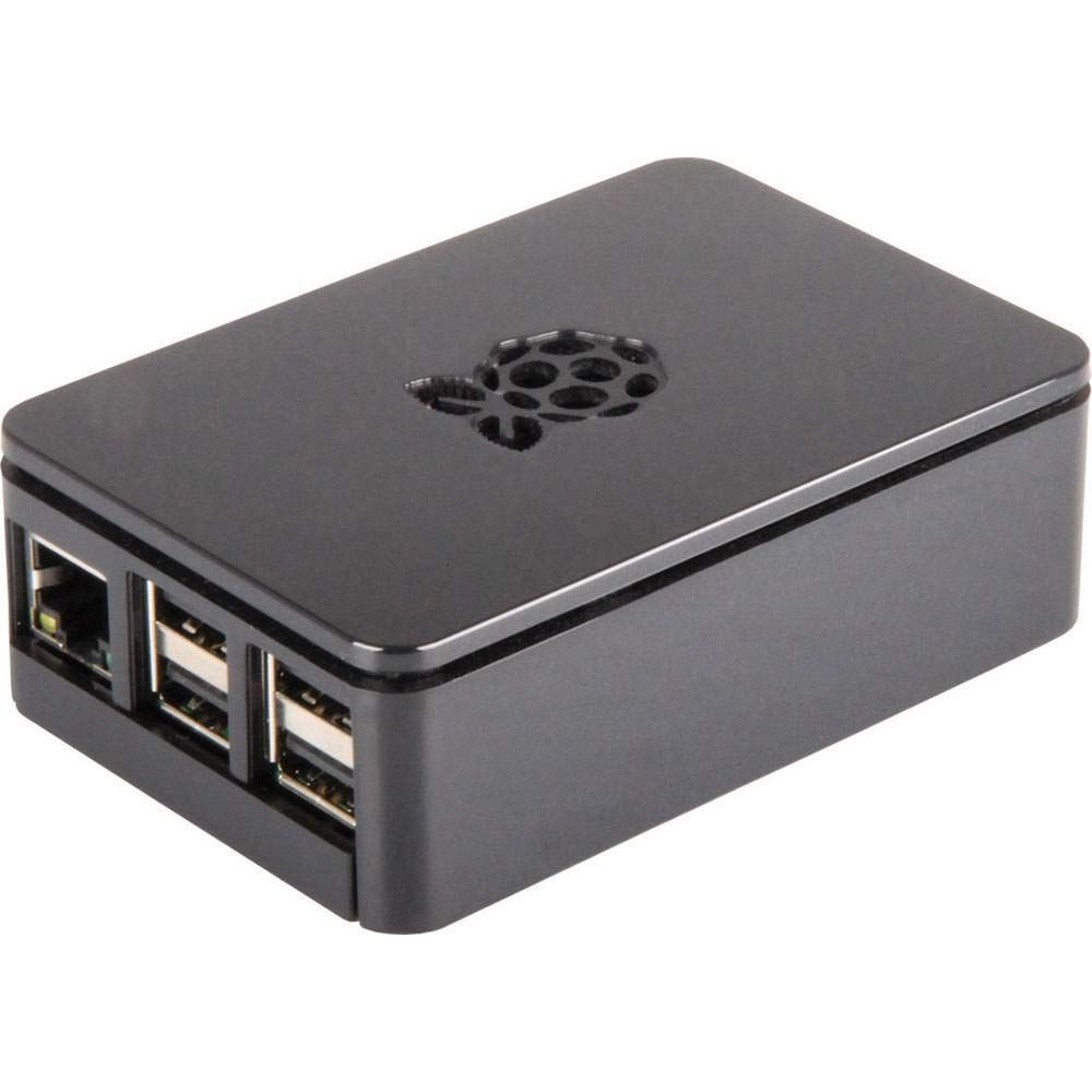 Una custodia nera Raspberry Pi con fessure di ventilazione e porte.