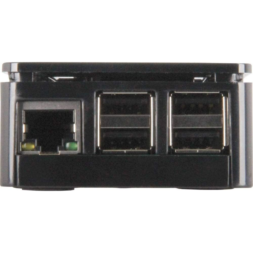 Un contenitore nero con una porta Ethernet e due porte USB visibili.