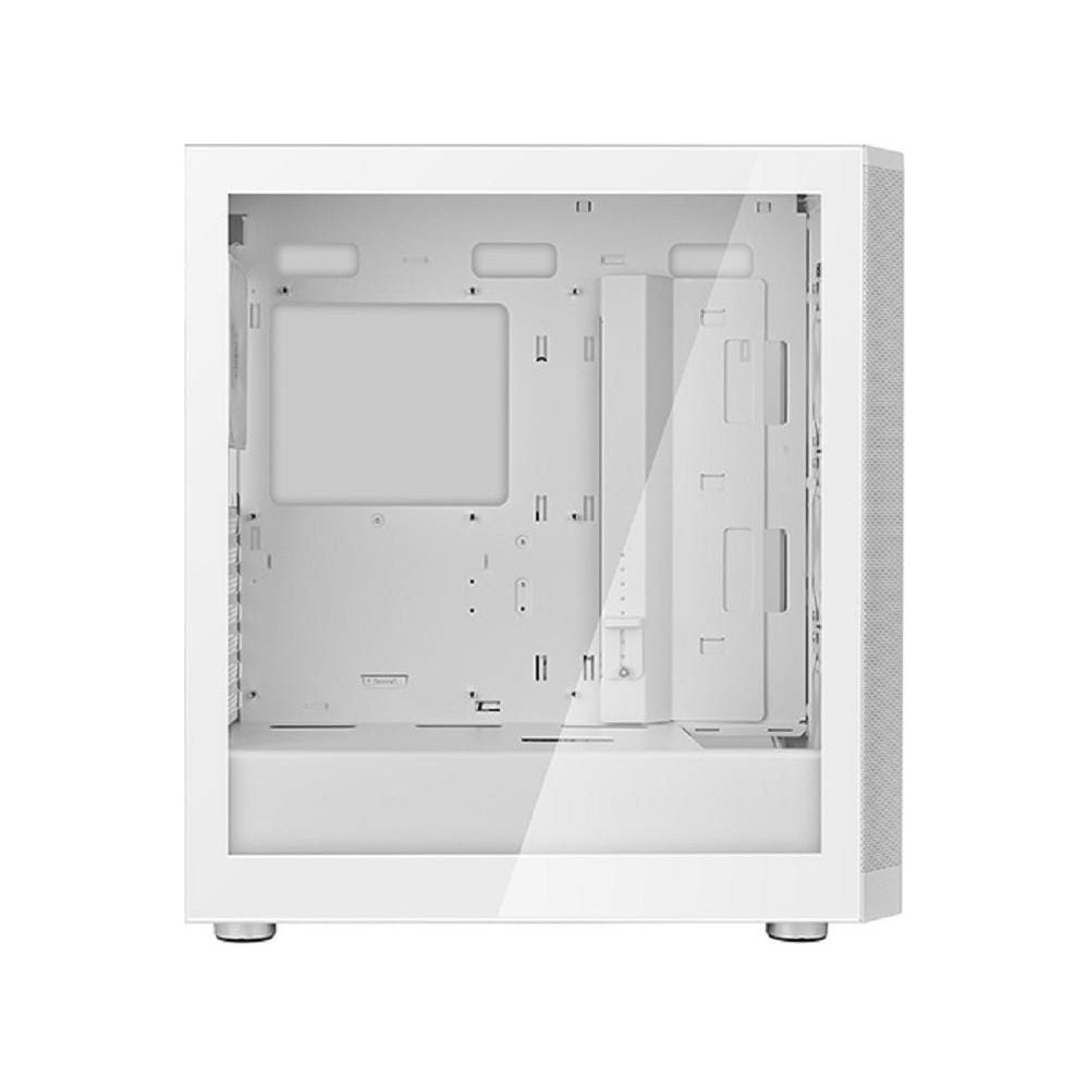 Un case per computer bianco con pannello frontale e laterale in vetro, vista frontale.