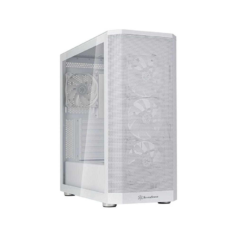 Case per computer tower bianco con pannello laterale in vetro e frontale in mesh.