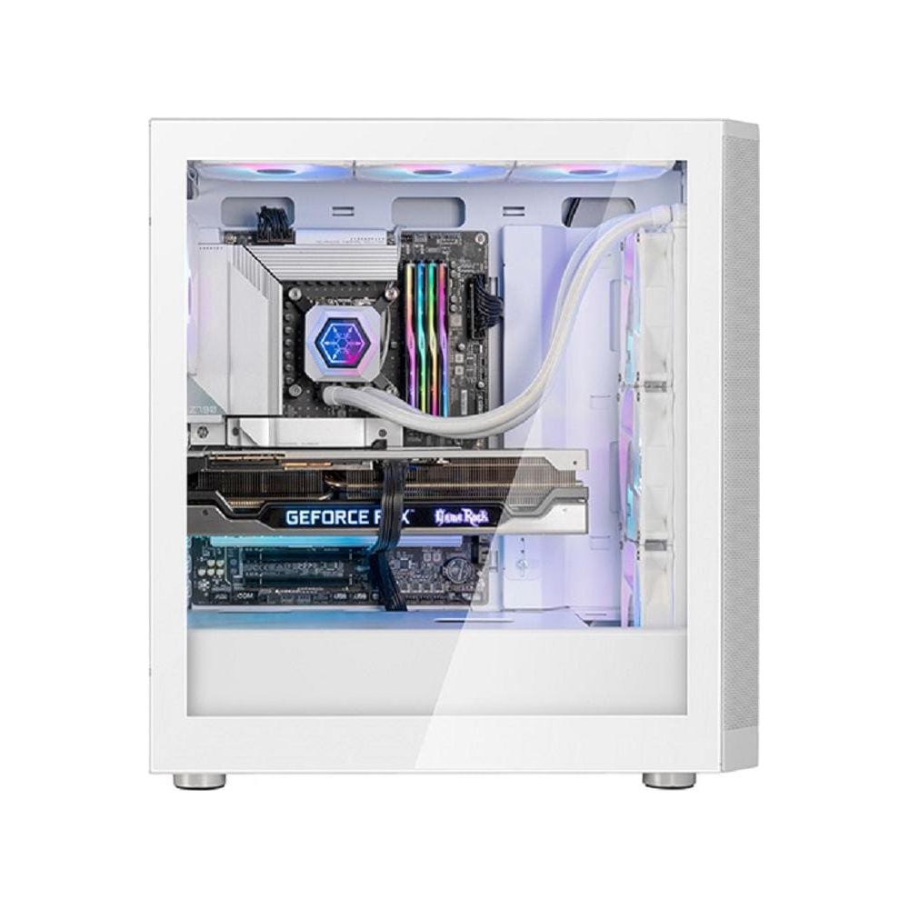 Un case PC bianco con pannello laterale trasparente che mostra componenti interni come una GPU.