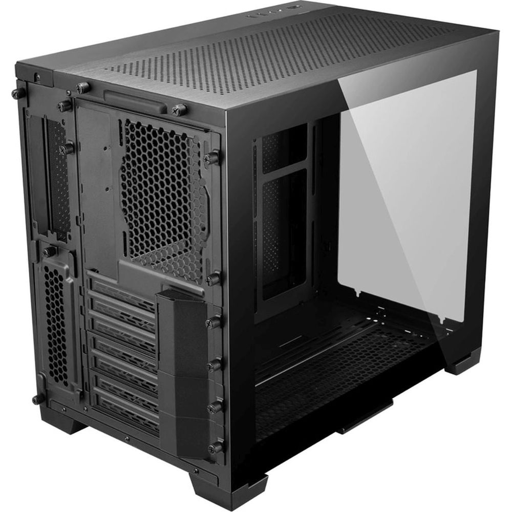 Case nero per computer con pannello in vetro e fessure di ventilazione.