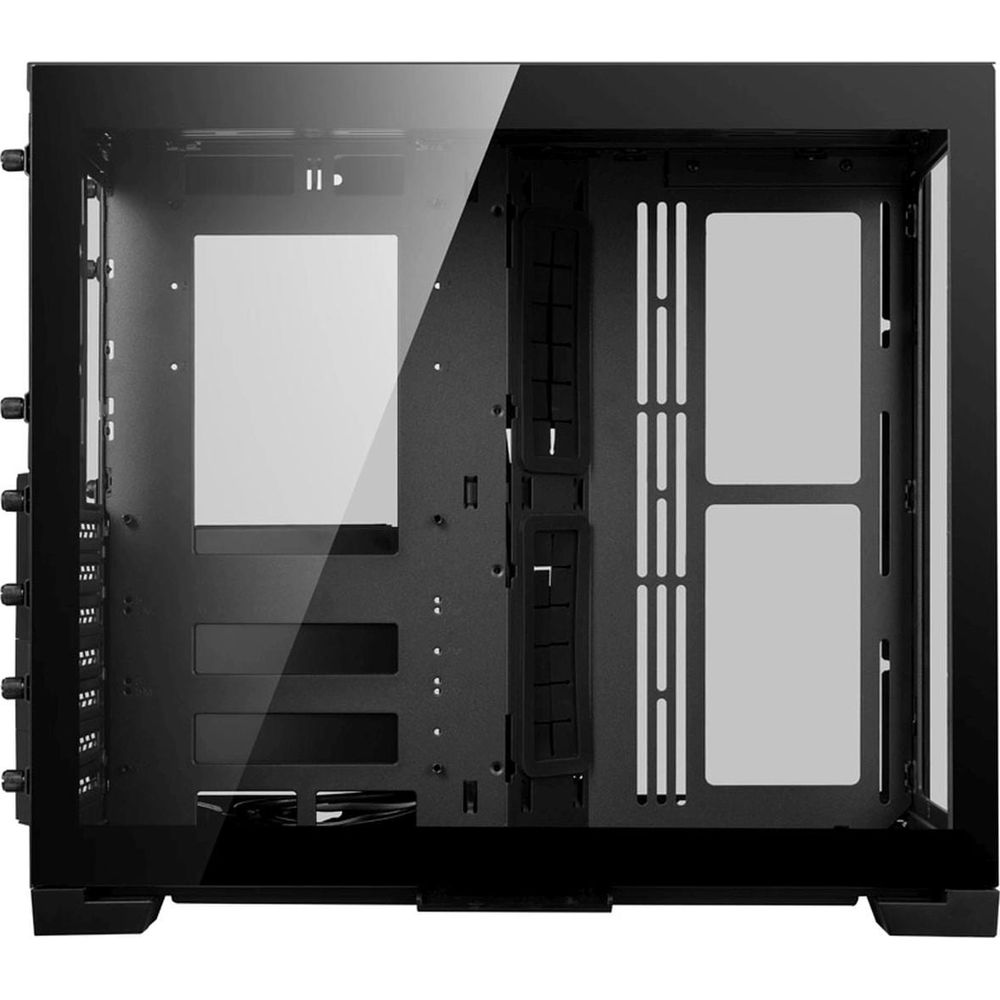 Un supporto per case PC nero vuoto con fronte e lati in vetro.