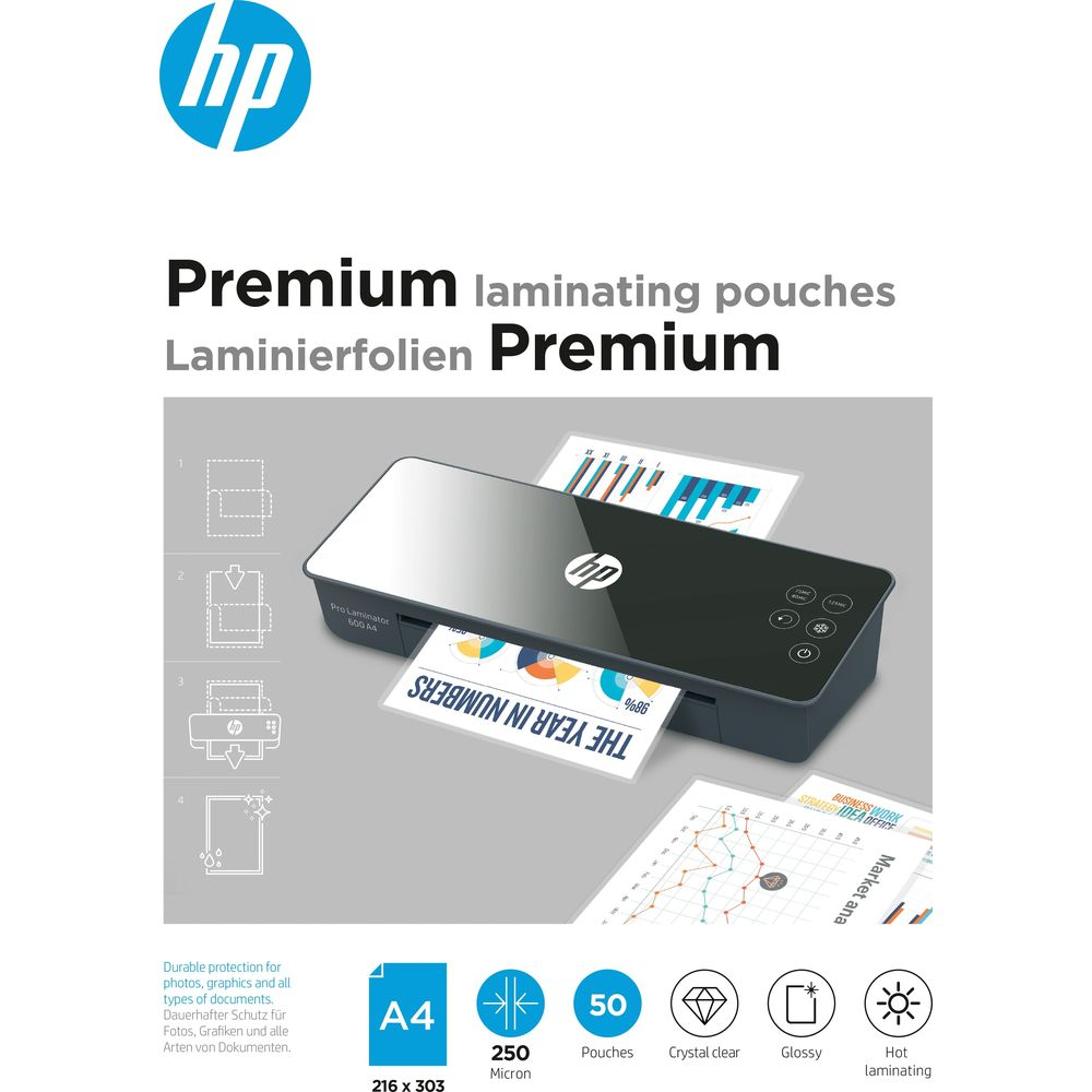 Plastificatrice HP con carta e grafici. Visualizzazione di 4 passaggi.