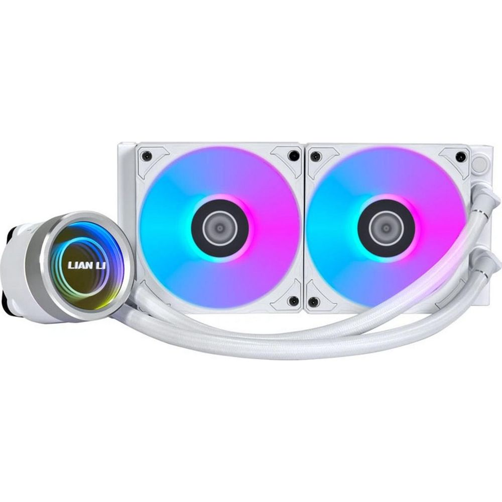 Un refroidisseur CPU blanc avec deux ventilateurs et éclairage RVB.