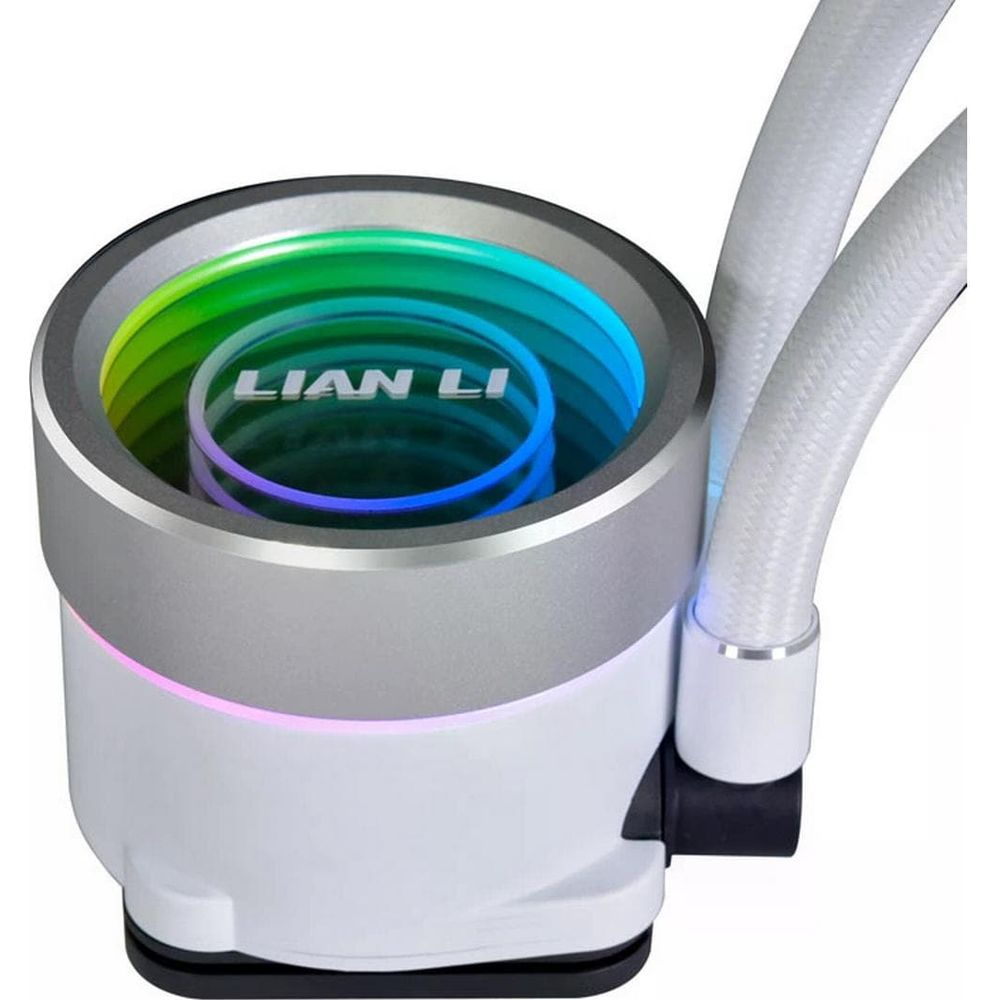 Un refroidisseur de CPU LIAN LI blanc avec éclairage RVB et tubes blancs.