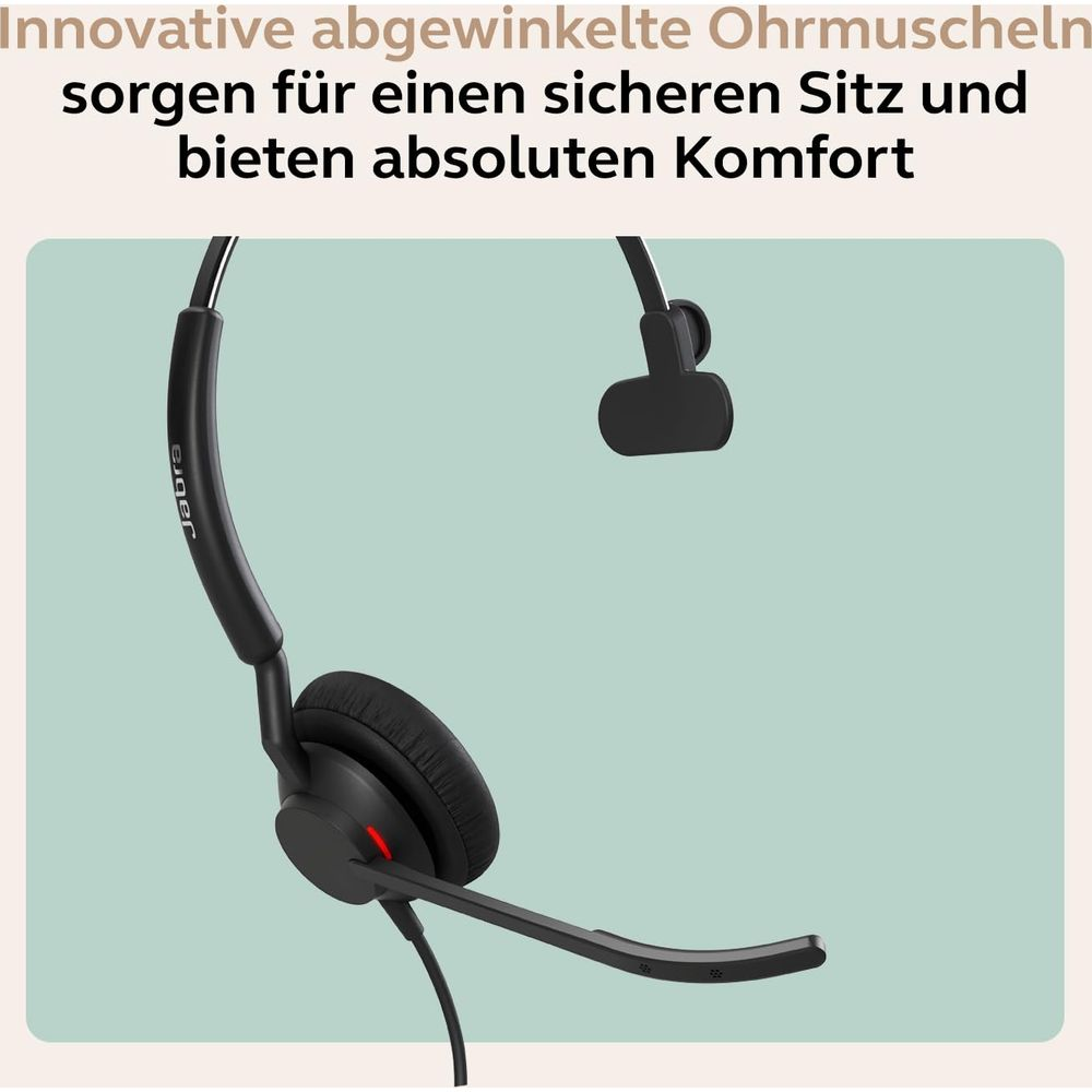 Un auricolare Jabra nero con microfono su sfondo blu chiaro.