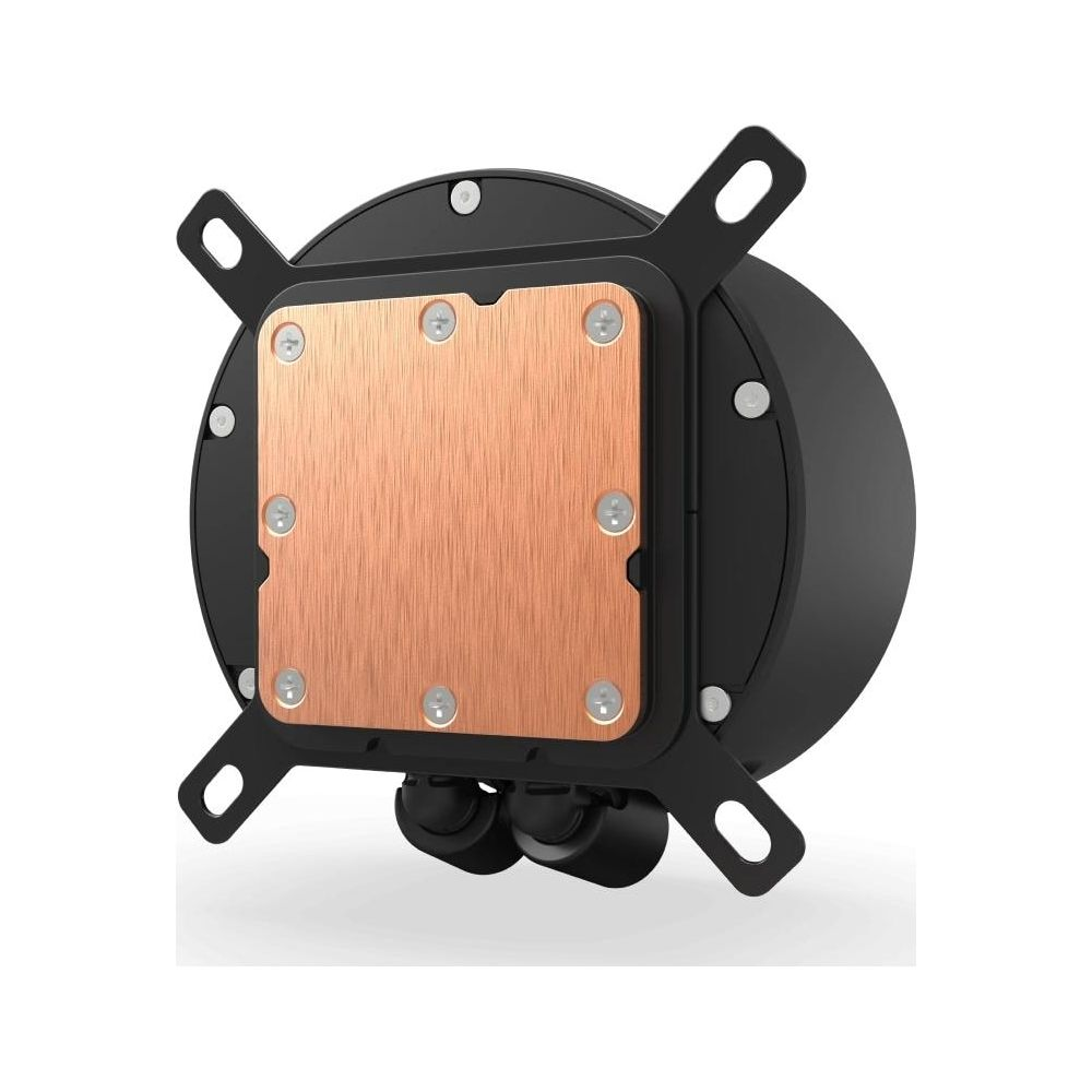 Een zwarte CPU-koeler met koperen plaat en zwarte montagebeugels.