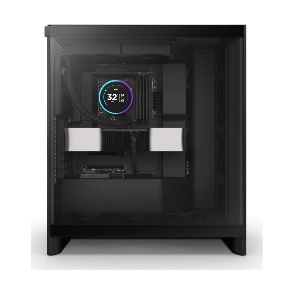 Zwarte PC-behuizing met glazen raam met waterkoeling en temperatuurweergave.