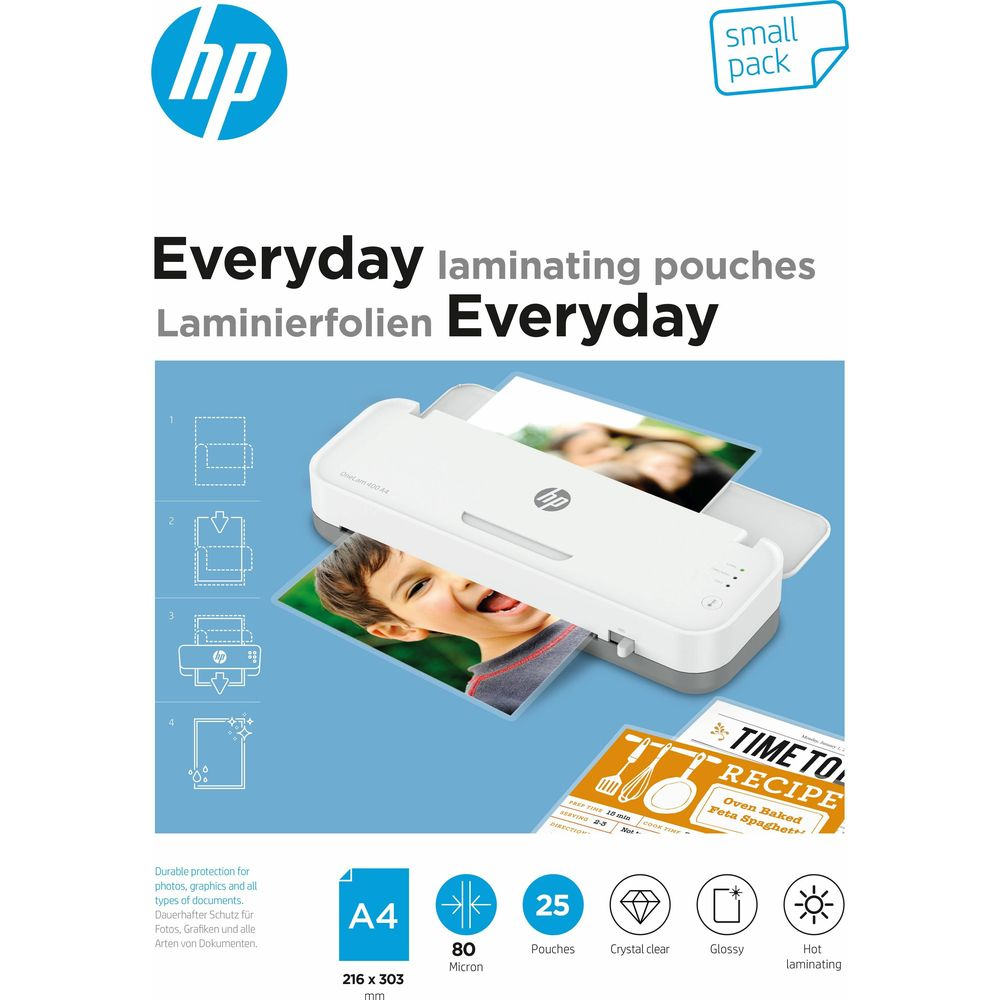 Una plastificatrice HP bianca con un bambino che ride e una ricetta sul tavolo.