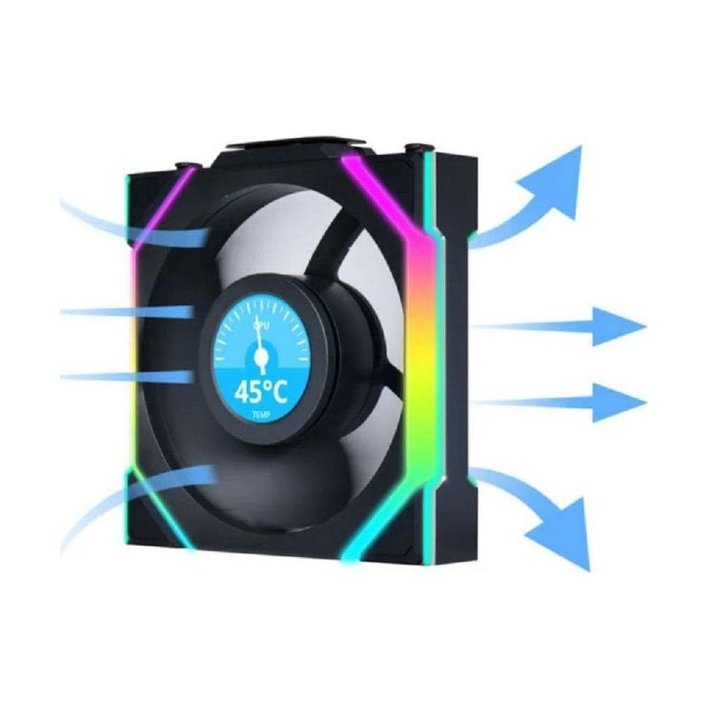 Un ventilador negro con iluminación RGB y pantalla de 45°C.