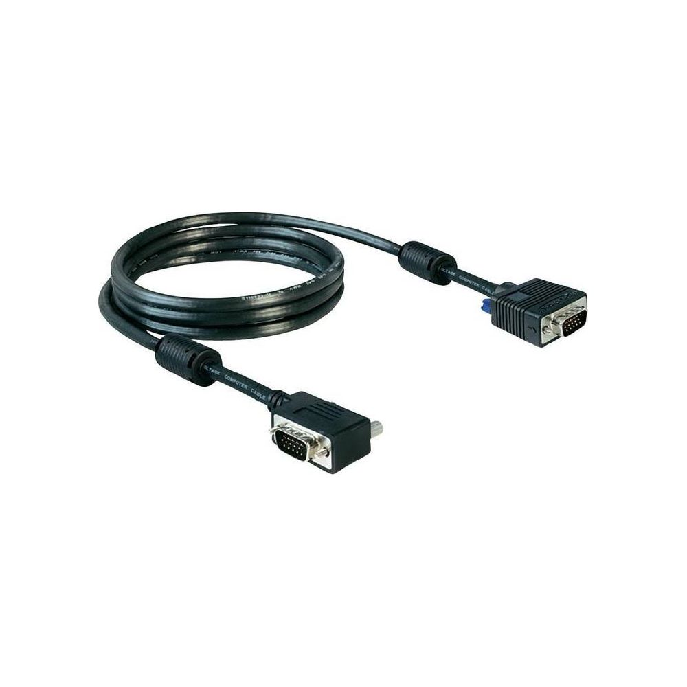 Czarny kabel VGA do komputera z dwoma złączami, zwinięty na białym tle.