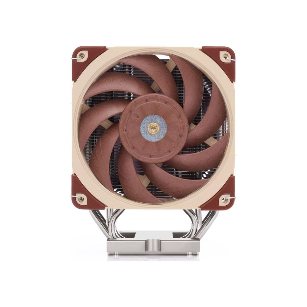 A brown computer fan with a beige frame and metal feet.