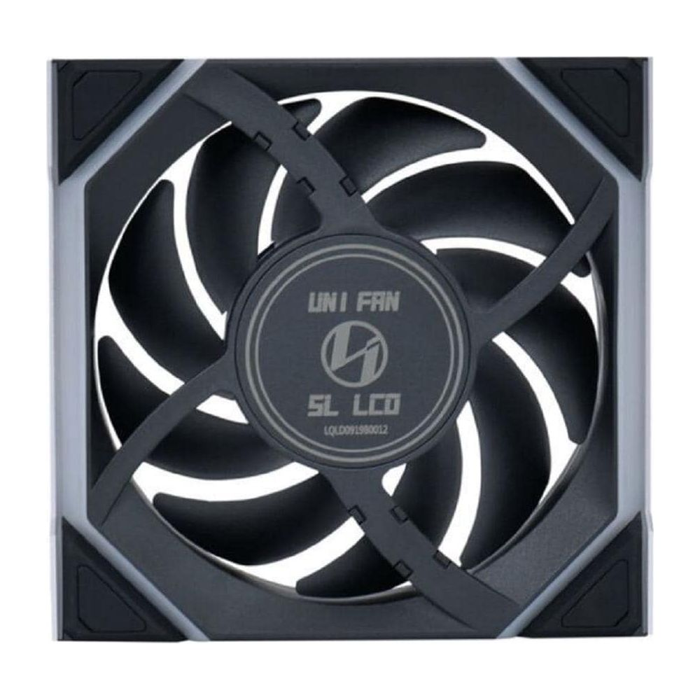 Ein schwarzer Computerlüfter mit weißen Akzenten und dem Logo 'UNI FAN SL LCD'.