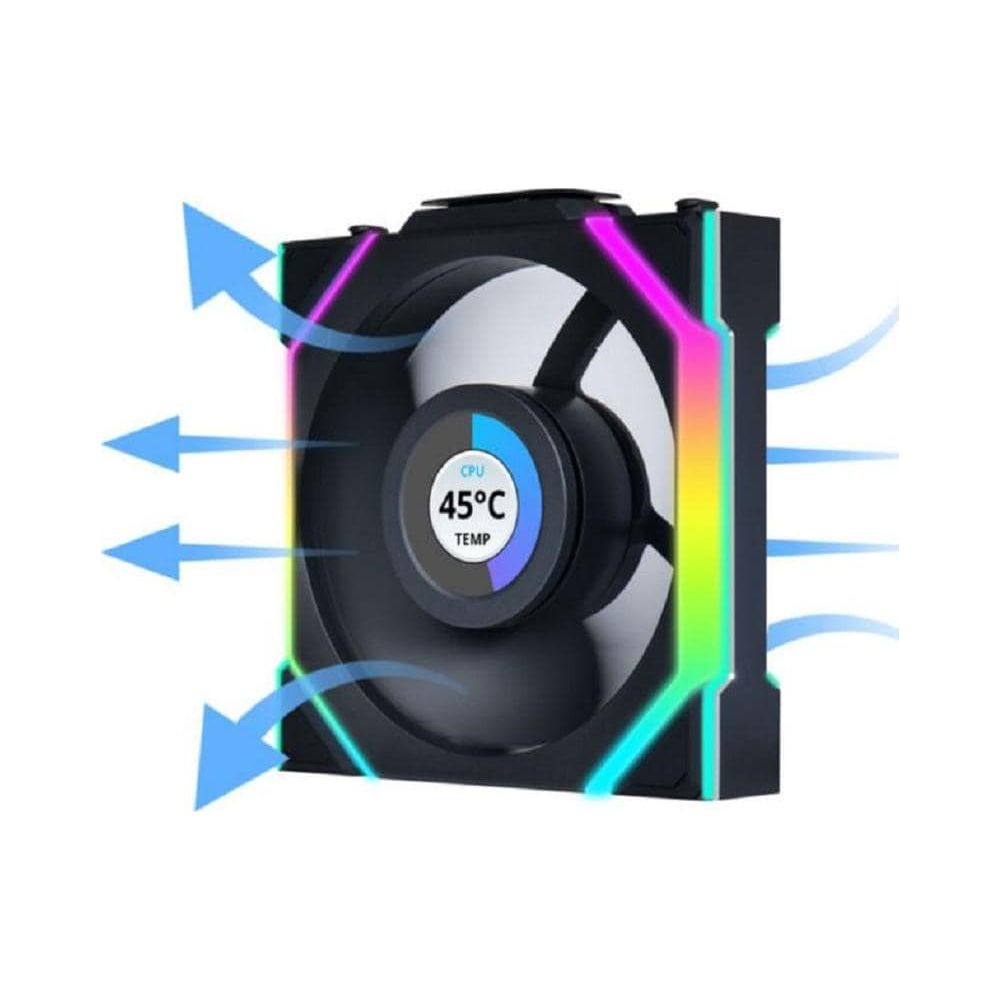 Schwarzer Lüfter mit RGB-Beleuchtung zeigt 45°C CPU-Temperatur. Blaue Pfeile deuten Luftstrom an.
