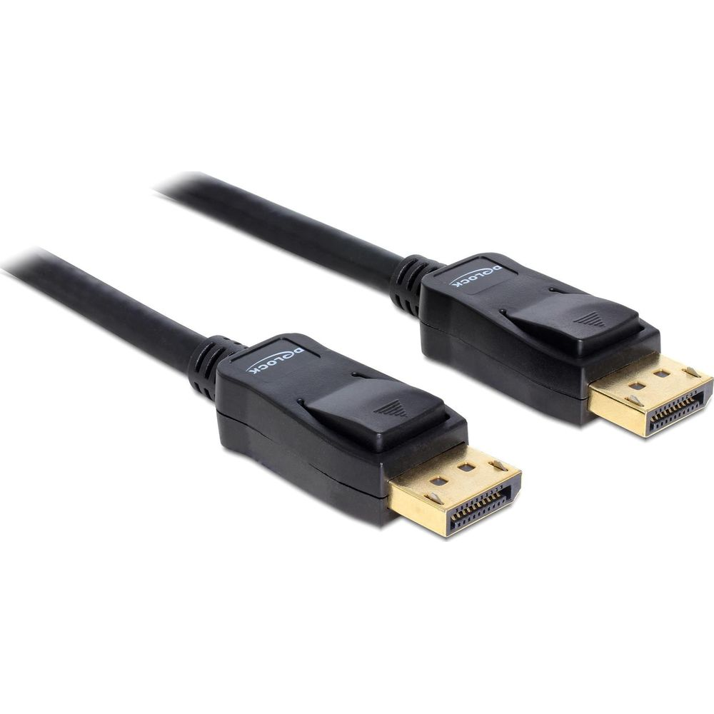 Twee zwarte DisplayPort kabels met gouden connectoren op witte achtergrond.
