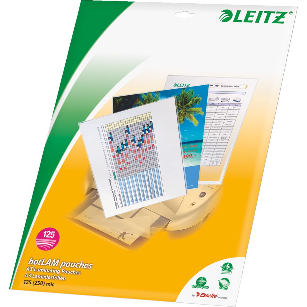 Verpackung von Leitz Heißlaminierfolien A3, 125 Stück, mit Beispieldokumenten.