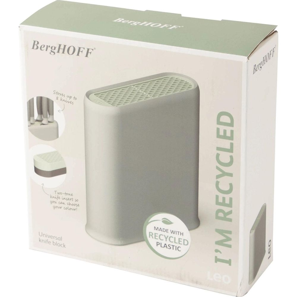 A gray knife block made of recycled plastic with BergHOFF logo.