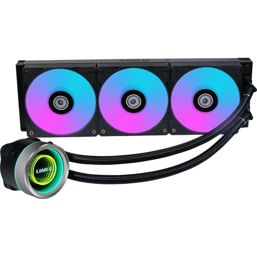 Un refroidisseur de CPU d'ordinateur noir avec trois ventilateurs éclairés et une unité de pompe ronde.