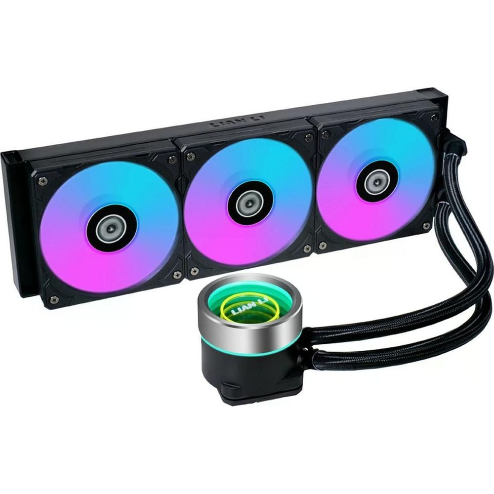Un refroidisseur CPU noir avec trois ventilateurs RVB et boîtier de pompe.