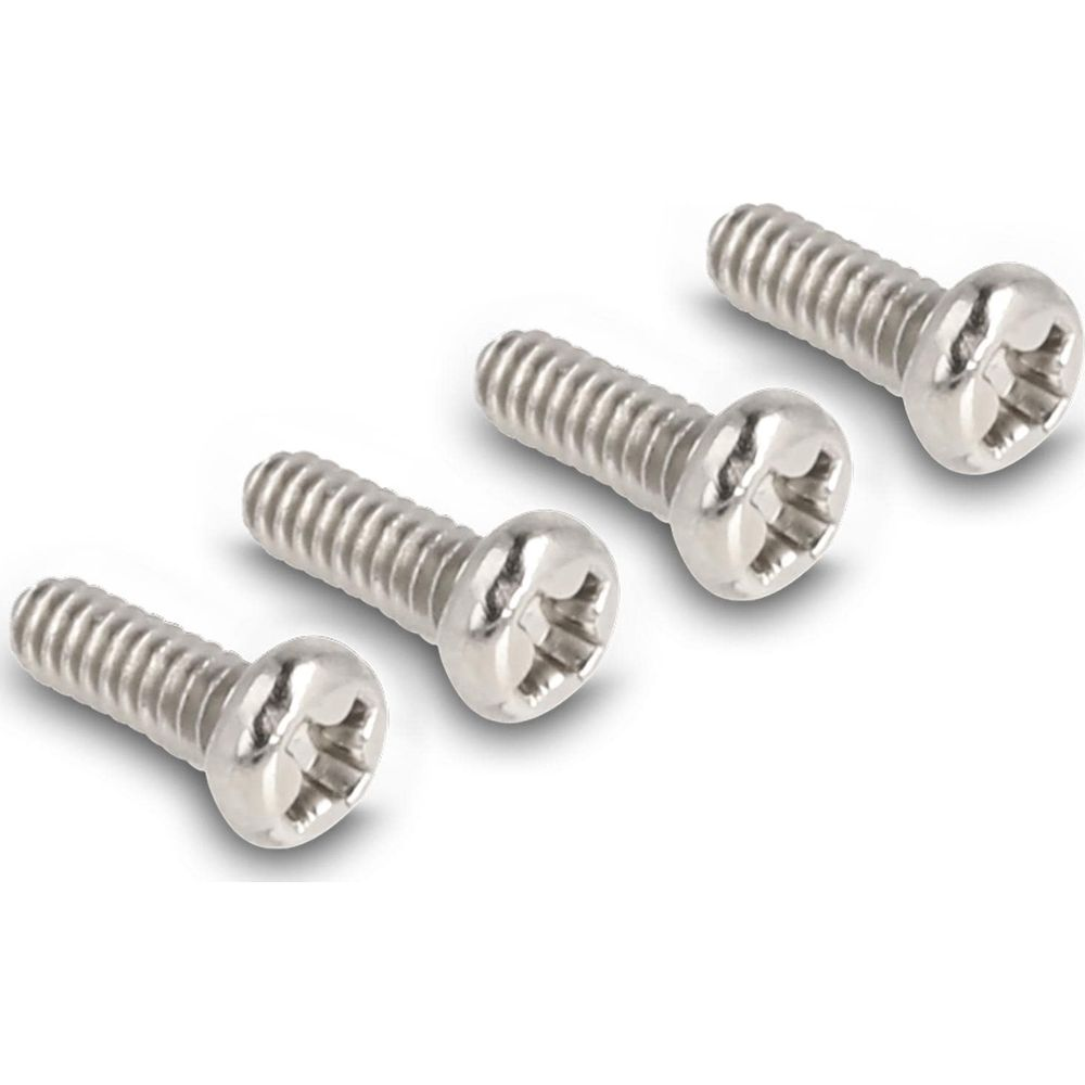 Quattro viti metalliche con testa a croce sono allineate.