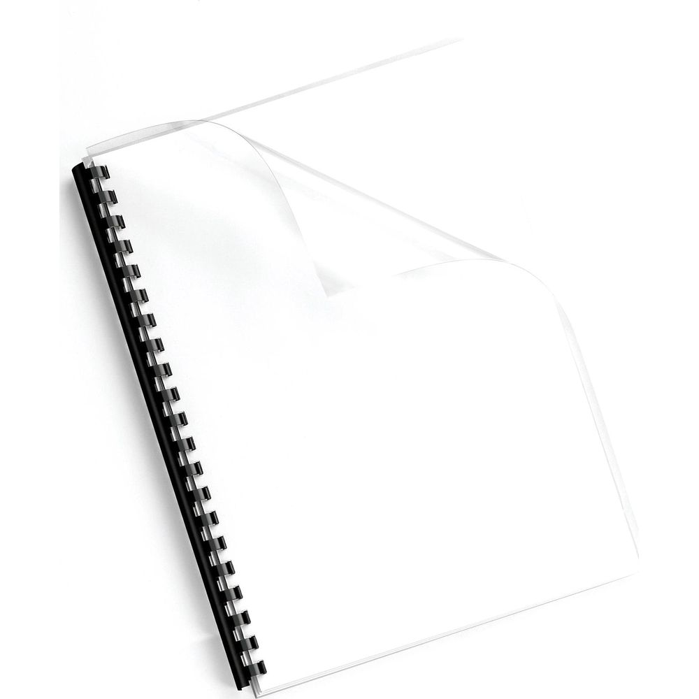 Ein aufgeschlagenes Notizbuch mit schwarzer Spiralbindung und transparentem Einband.